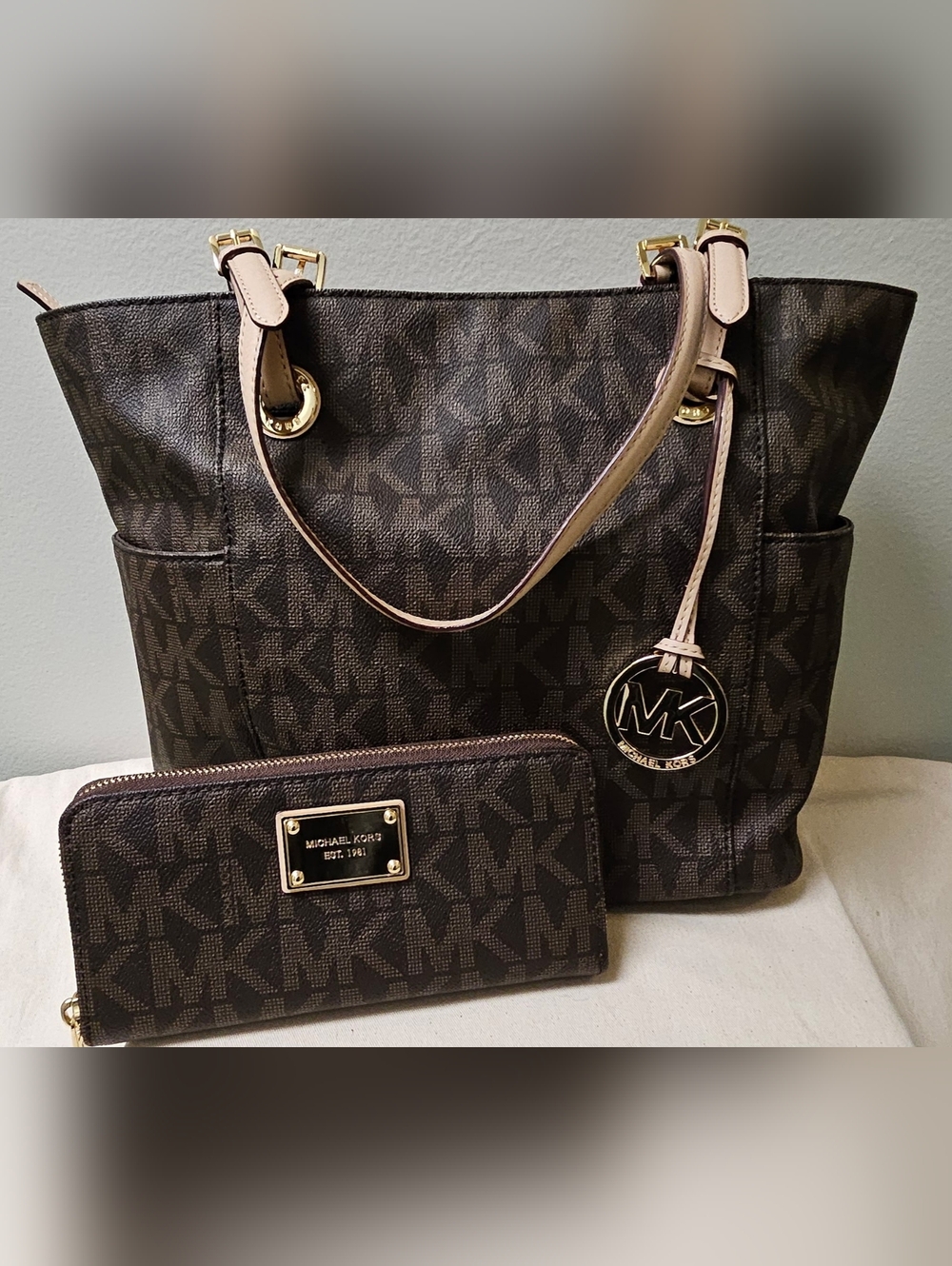 Michael Kors Brown Monogram Tote with Matching Wallet